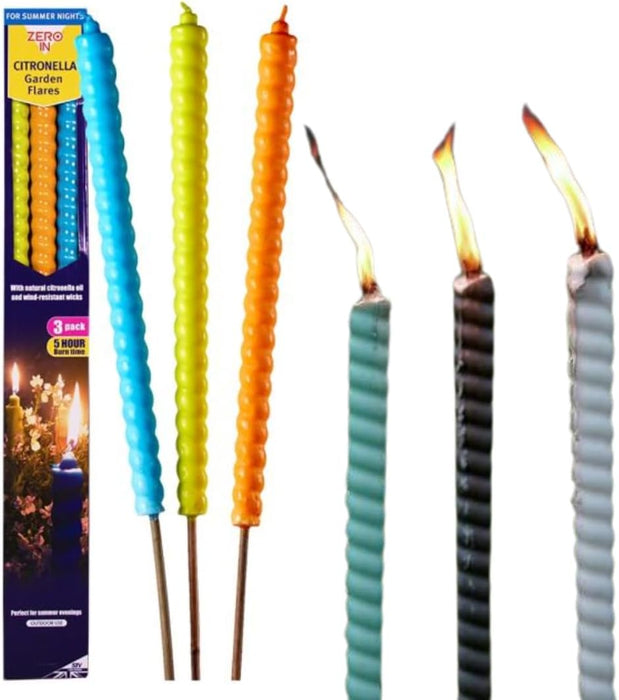 Zero in Citronella Garden Flares Beach Party 3 Pack Scented Colourful 96cm Natural Repels Mosquitoes For Gardens and Patio Areas - 4533