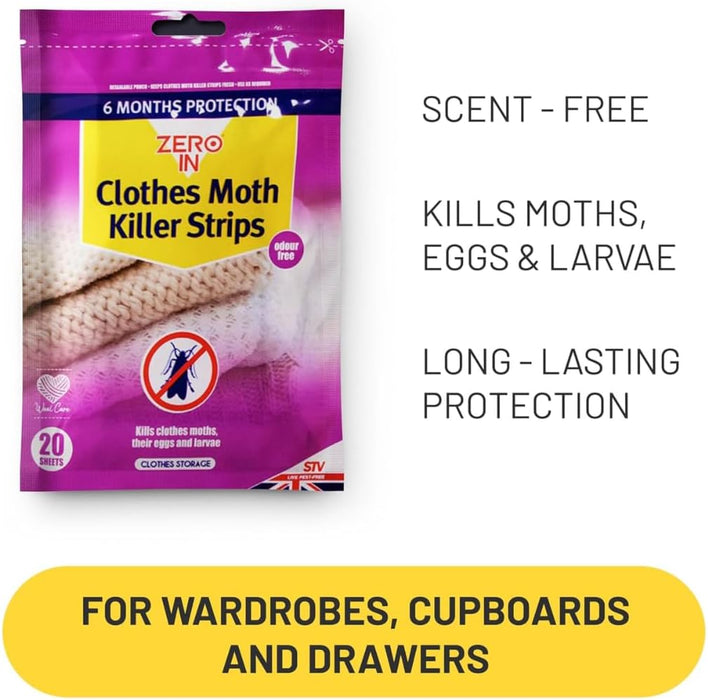 Zero in Clothes Moth Killer Strips 20 Pack Place in Wardrobes Cupboards Drawers Kill Clothes Moths Eggs Larvae Fragranced -4298