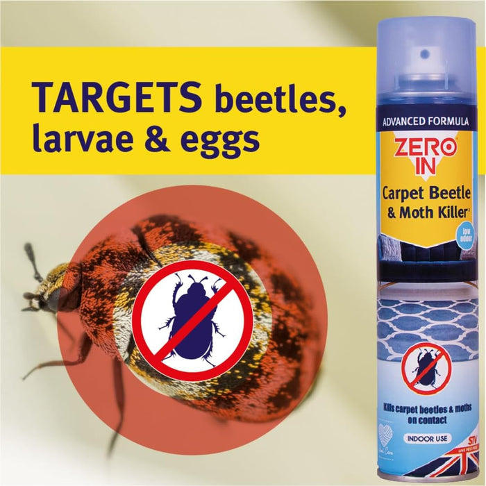 Zero in Carpet Beetle & Moth Killer 300ml Aerosol Eradicates Beetles & larvae Infestations Treats Carpets Upholstery Home Surfaces - 9774
