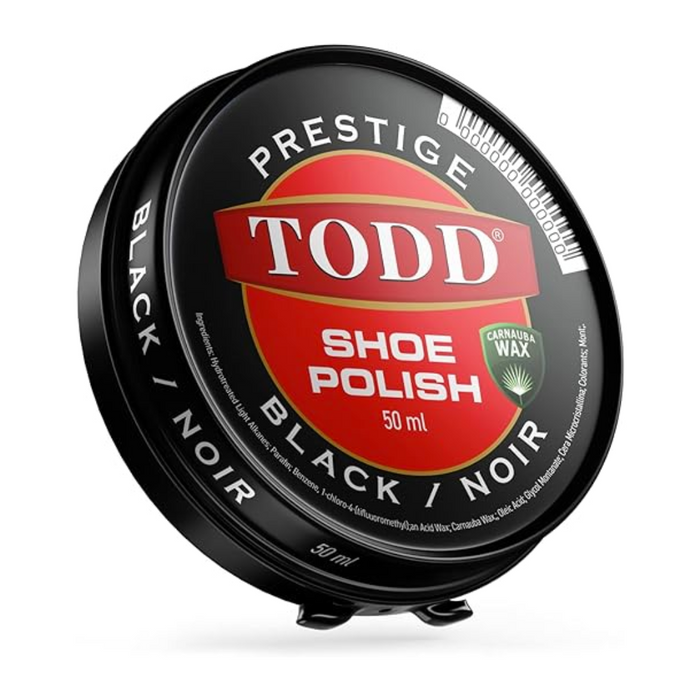Todd Prestige Shoe Polish Black High Gloss with Carnauba Wax Shine and Protect for Leather Shoes Boots Bags Metal Tin 50ml