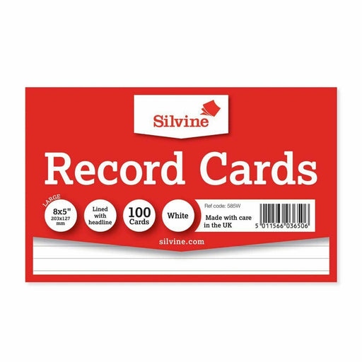 Silvine 100 x Record / Revision Cards White Lined 8x5 - Silvine